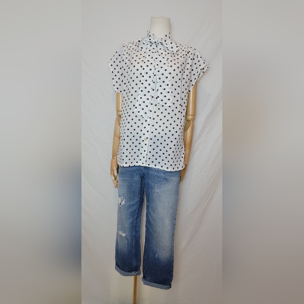 Vintage 70s JCPenney Fashion brown polka dot white blouse size 8/10